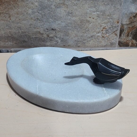 Decorative Marble Soap Dish Jewelry Holder Black Metal Bird Figure - Picture 5 of 11